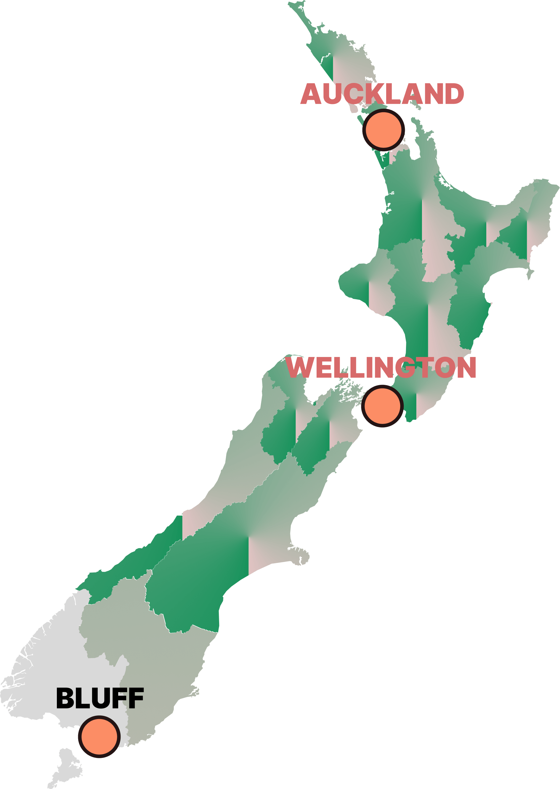 Map of New Zealand showing Bluff location at the southern tip of South Island, with Auckland and Wellington marked for reference